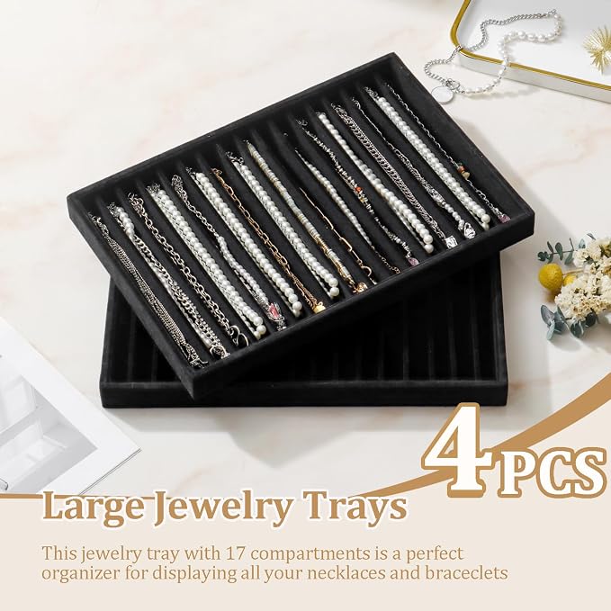 Large Stackable Jewelry Tray 4 Pack Velvet Jewelry Display Drawer Inserts Trays Organizer for Earring Bracelet Necklace Ring (Black, 17 Grids)