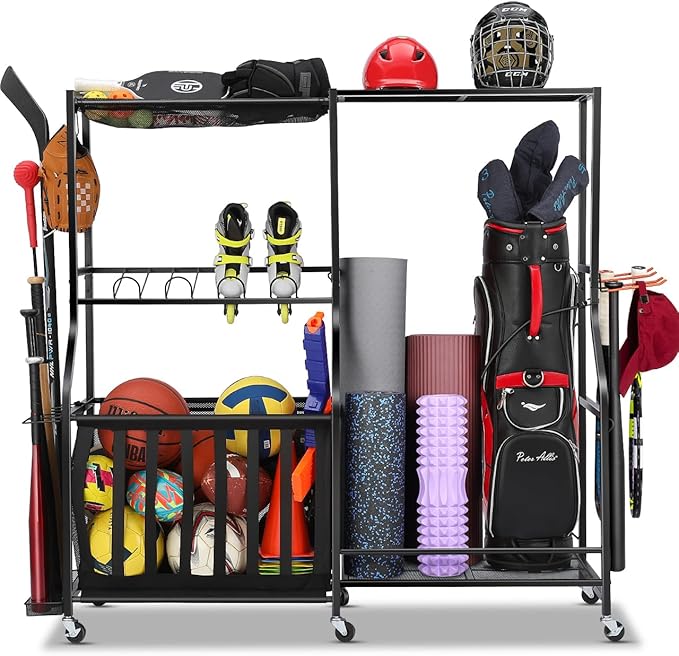 EXTCCT Garage Sports Equipment Organizer with Wheels - Golf Bag Storage Rack and Ball Storage Bins, Heavy Duty Rolling Garage Organizer System with Basket and Hooks for Indoor (Black-Large)