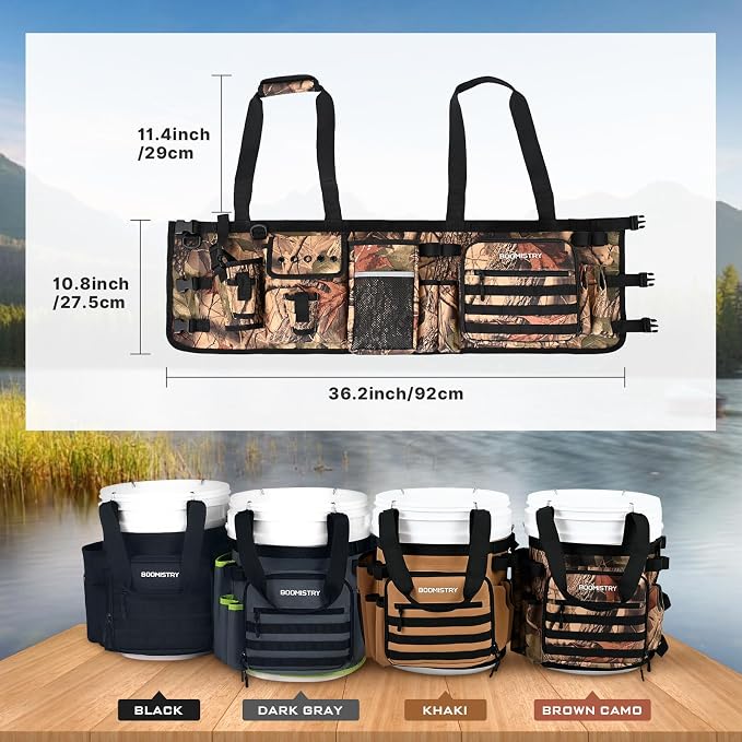 Boomistry Fishing Bucket Organizer for 5 Gallon Bucket, Brown Camo | 15 Multi-Pockets, 4 Built-in Rod Holder Storage, 3 Adjustable Buckles, for All Fishing Gear & Tackle Accessories
