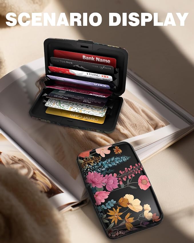 Maicican Credit Card Holder, Mini RFID Blocking Aluminum Wallet | Slim Metal Hard Case Travel Wallet ID Case for Women and Men, 4.3 x 2.9 Inches, Blooming Flowers