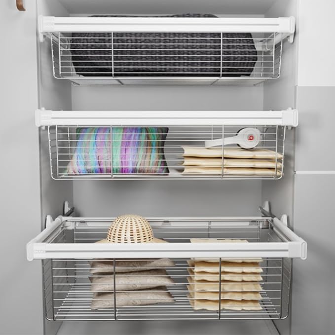 Pull Out Cabinet Storage Basket,Stackable Detachable Baskets Closet Storage Box,Telescopic Coat Drawer for Kitchen,for Kitchen Office Wardrobes Cupboard Storage(White,714x456x205mm)