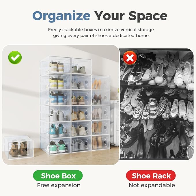DUMOS Shoe Storage Boxes, 12-Pack Stackable Clear Shoe Containers with Lids, Display Sneaker Case Organizer for Closet, Under Bed, Entryway,Light White, Fit Size 9