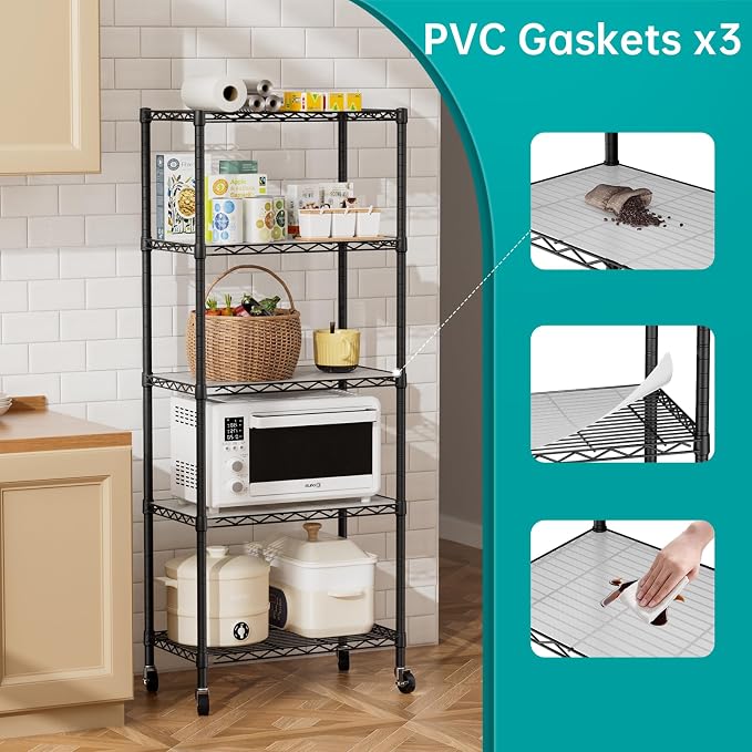 SINGAYE 5 Shelves Storage Wire Shelf Closet Metal Shelving Pantry Wheels | Shelf Bathroom Organizers Metal Kitchen Garage Shelving Unit Laundry Room Organization Home Rack Net Basket with Wheels