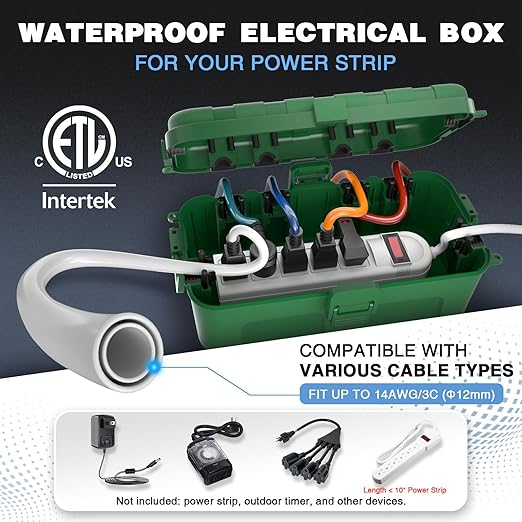 Flemoon [2 Pack] Medium Outdoor Electrical Box Waterproof, Outdoor Plug | Electrical Box (11.5x5.2x4 inch) w/6 Cable Entry Ports, Extension Cord Cover for Power Strip, Timer, Holiday Light, Green