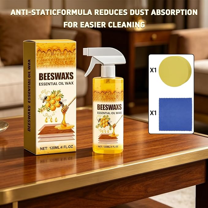 Beeswax Wood Polish Spray, Natural Furniture Cleaner & Restorer, Removes Scratches, Conditions & Protects Cabinets, Floors, Tables, Multi-Surface Wood Care (4oz)