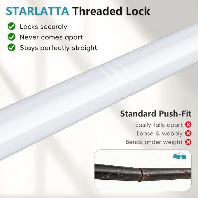 STARLATTA Heavy Duty White Closet Rod: 17-69 Inch Stepless Adjustable Clothes Hanging Bar, 1.3" Diameter Metal Wardrobe Pole with Brackets, No-Cut, for Laundry & RV
