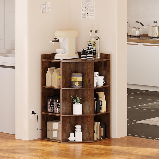 ALISENED 9 Cubes Brown Corner Cabinet, Corners Cube Shelf with USB Ports and Outlets, Toy Corners Storage for Small Space, Wooden Cubby Corner Bookshelf for Living Room, Bedroom, Dining Room, Kitchen