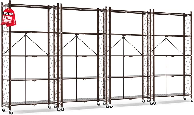 ALANNG 70.7" H Metal Storage Shelves, 5 Tier Folding Shelf on Wheels | Heavy Duty, No Assembly, Rolling, Collapsible Rack Unit for Kitchen, Basement, Pantry (Vintage Brown,4 Pack)