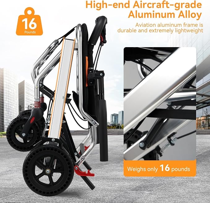 Ultra-Lightweight 19lbs Foldable Transport Wheelchair for Seniors - Portable Aluminum Travel Wheelchair with Carrying Bag, Supports 220lbs Capacity