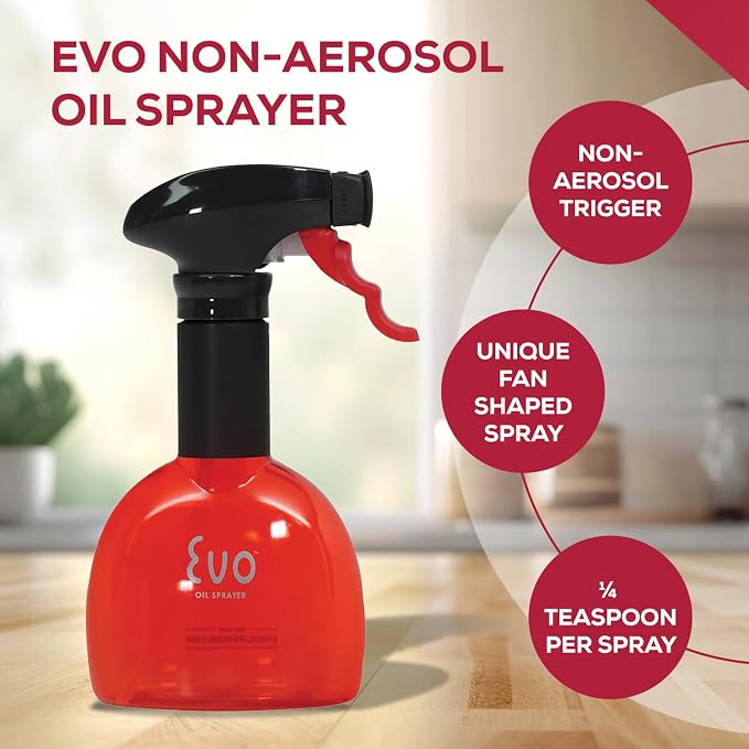 Evo Oil Sprayer Minis, Non-Aerosol for Olive, Cooking Oils, and Vinegars, Red, 8-Ounce Capacity, Set of 2 | Set of Two 8 Oz Non-Aerosol Sprayers, Fan-Shaped 1/4 Tsp per Pull, Rotating Nozzle, Ergonomic Trigger