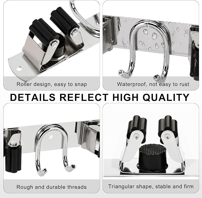 Mop Broom Holder Wall Mount, Silver Stainless Steel Tool Storage Organizer for Kitchen Garden Garage Laundry Room Bathroom and RV with 4 Slots 6 Hooks