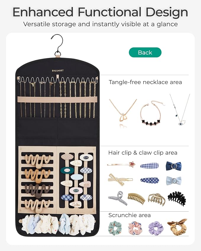BAGSMART Hanging Jewelry Organizer Claw Clip Necklace Holder Roll for Hair Ties, Headbands, Clips, Earrings, Necklaces, Glasses Double-Sided on Closet, Wall, Door, 1 piece, Large-Light Beige