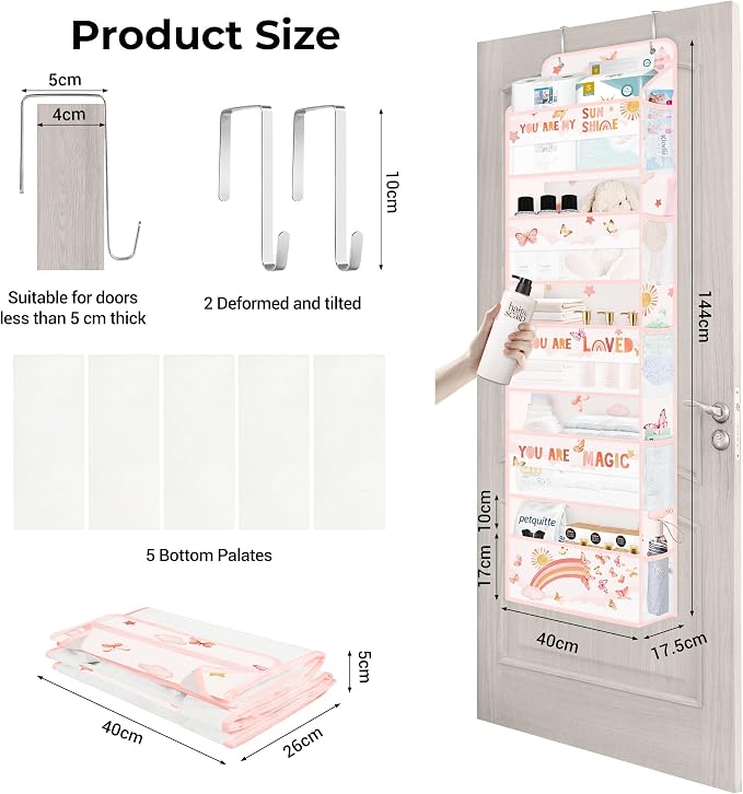 Clastyle Over the Door Organizer Diaper Toy Nursery Hanging Shelf, Rainbow | Cloud Butterfly, 5-Tier Clear Window Mesh Pocket 44 lbs Weight Capacity, Behind Door Storage, Bedroom Bathroom Closet Pantry