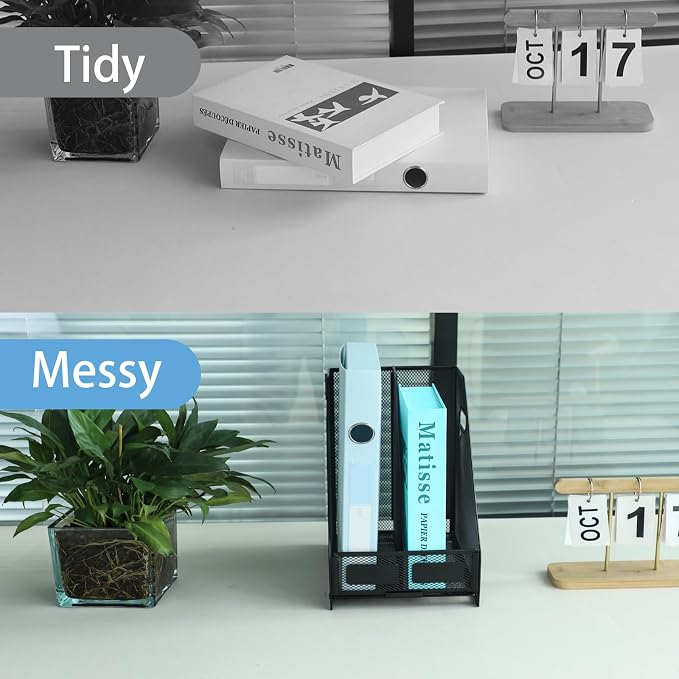 Desk Organizers Metal Magazine File Holder Racks Desktop Folder Storage Binder Organiser Document Organization for Home Office & Classroom,2 Vertical Compartments