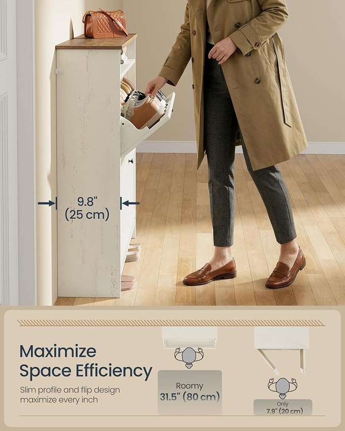 SONGMICS Home Shoe Cabinet, Snapsemble Superfast Assembly, Shoe Storage Cabinet for Entryway with 2 Flip Drawers, Adjustable Dividers and Open Storage, Farmhouse, Rustic White and Honey Brown