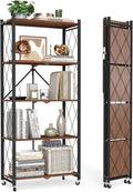 black leopard 5-Tier Foldable Shelf with Wheels, Wood-Grain Steel Shelves | Pre-assembled frame unfolds in seconds with tool-free wheel setup for fast, convenient use.