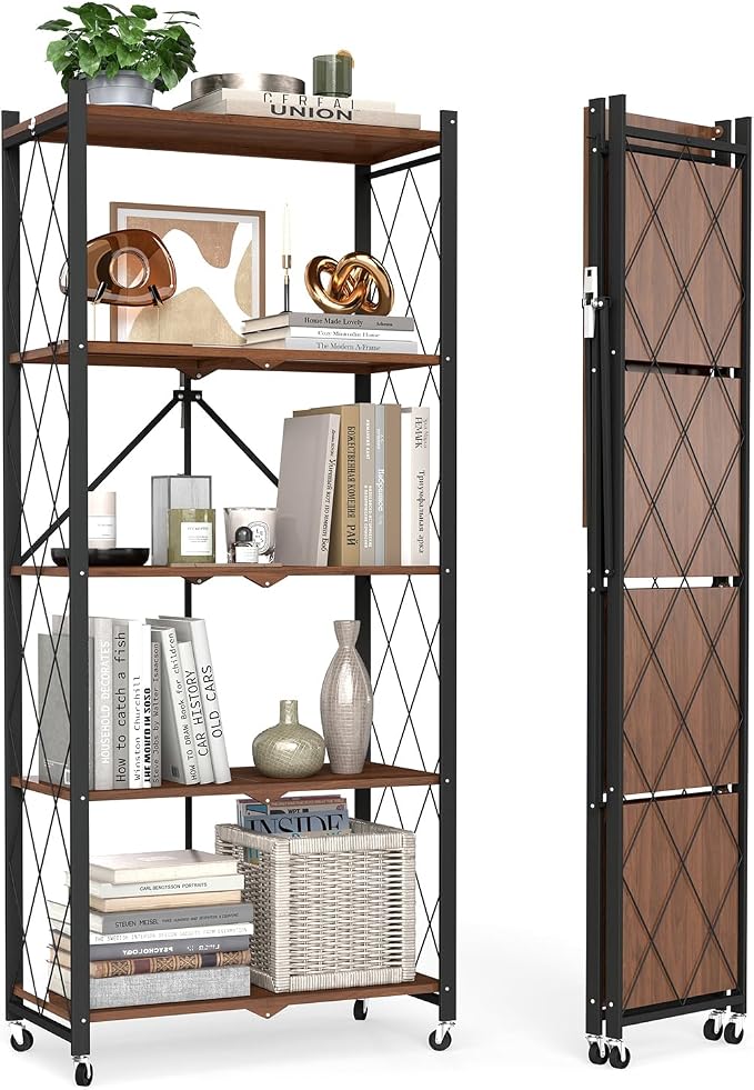black leopard 5-Tier Foldable Shelf with Wheels, Wood-Grain Steel Shelves | Pre-assembled frame unfolds in seconds with tool-free wheel setup for fast, convenient use.