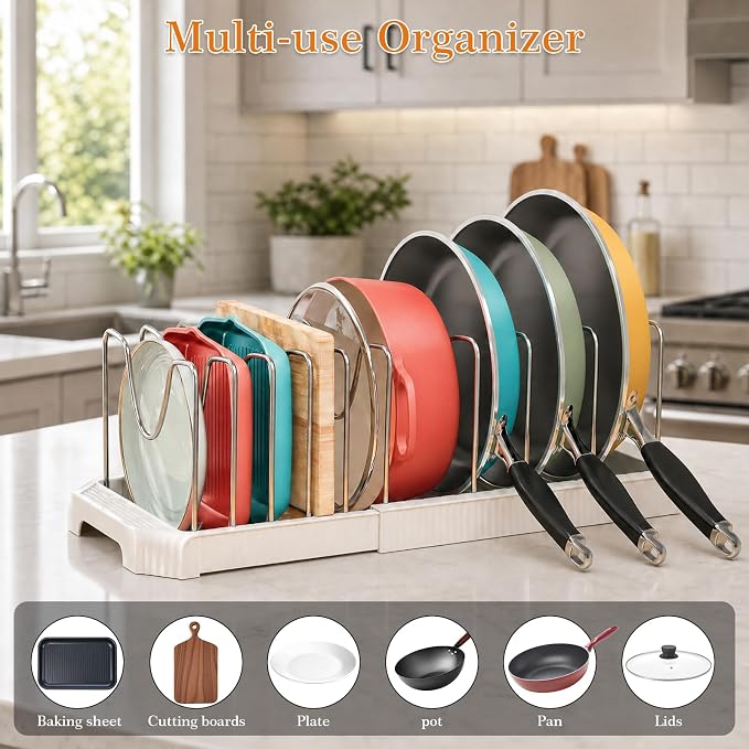 2 Pack Expandable Pots and Pans Organizer Under Cabinet, 13-22" Kitchen Cabinet Organizer with 10 Adjustable Dividers and 10Pcs Pot Protectors for Lids, Baking Sheets & Cookware (2, White)