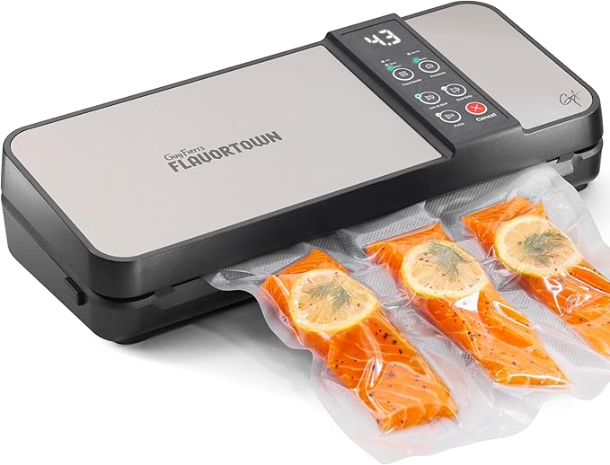 Guy Fieri's Flavortown Compact Vacuum Sealer, Dry & Moist Modes | Built-In Roll Storage, Includes 5 Quart Bags, 10ft Roll & Accessory Hose