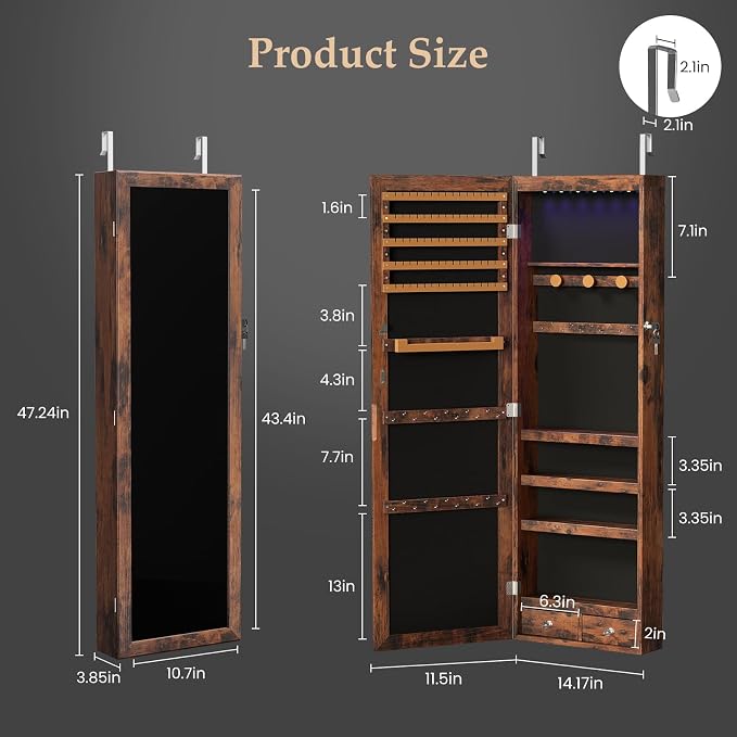 DUMOS Jewelry Armoire Cabinet with Full Length Mirror, 47.2" Wall Mounted or Over the Door Jewelry Organizer with 33 Necklace Hooks, Lockable Large Capacity with Drawers, Rustic Brown