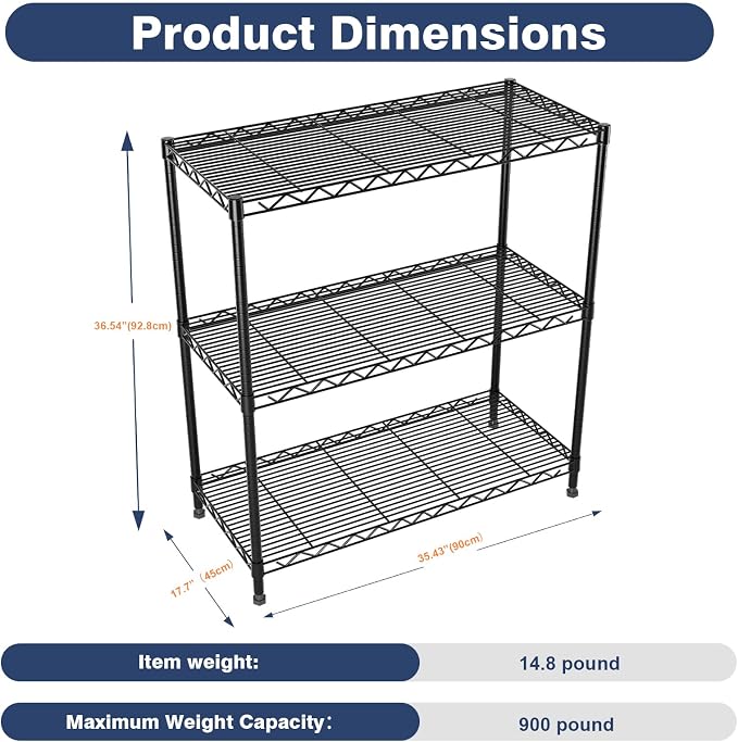 3 Tier Metal Wire Shelf Rack,35.4x17.7 x36.5(WxDxH), Heavy Duty Standing Storage Shelves with Lockable Wheels,Adjustable Wire Shelving Unit for Garage,Kitchen,Ofice,Pantry,Laundry,Black