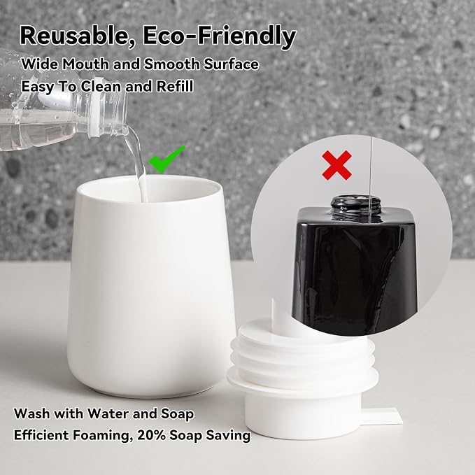 Foaming Soap Dispenser - 12 Oz White Ceramic Foam Hand Soap Dispenser for Bathroom, Face Wash Dispenser Bottle with Silvery Foaming Pump, Matte Lotion Dish Dispenser Refillable for Kitchen