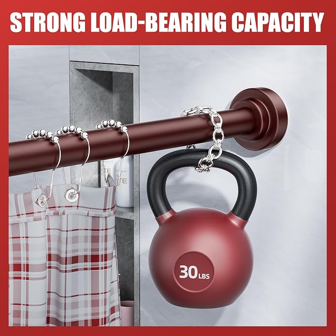 Ausemku Shower Curtain Rod - 32-43 Inch Rustproof Tension Rod, Non-Slip Spring Design, No Drilling Adjustable Curtain Rod for Bathroom, Kitchen, and Closet（Brown）
