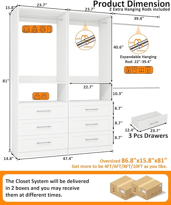 Closet System of 2 Sets, 4FT-10FT Closet Organize System with 6 Wooden Drawers, 4 Hanging Rods & Shelves, Walk in Closet System Storage, Modular Closet System, White(4FT)