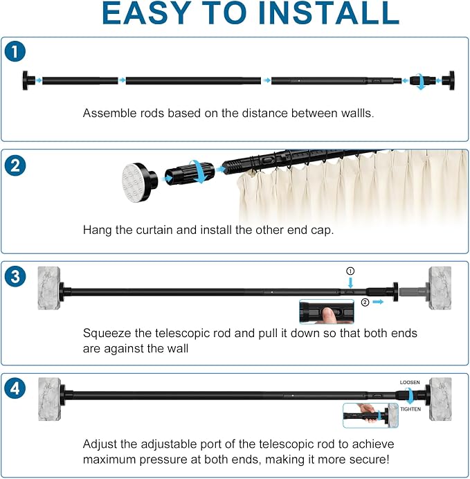 AIZESI 41-67 Inch Heavy Duty Black Tension Curtain Rod - No Drilling, Adjustable, Rust-Resistant for Outdoor, Living Room, Window, Bathroom