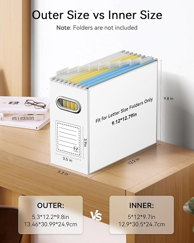 Oterri File Organizer Box, Portable Collapsible Cardboard File Folder Organizer with Handle for Letter Size Hanging Files, Document Storage Box for Home Office & Classroom (1 Pack, White)