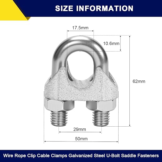 25 Pcs 5/8" M16 Wire Rope Clip Clamps Galvanized for Cable/Tent Rope | Galvanized iron, rust-proof, U-bolt & saddle, deep-thread, easy install, secures wire/rope for rigging/fences/guardrails