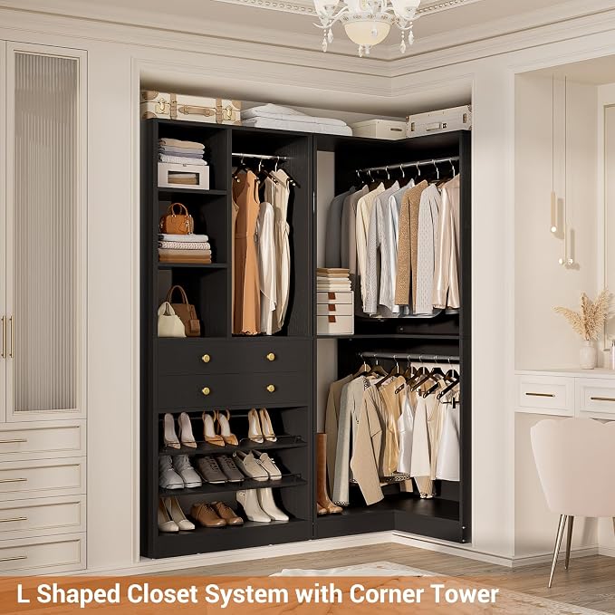 Besiost Closet System with 2 Drawers, 3 Hanging Rods, 59.5" * 31.5" Closet Organizer System with Corner Tower, Reversible L Shaped Walk-in Closet System, Corner Closet System Set of 2, Black