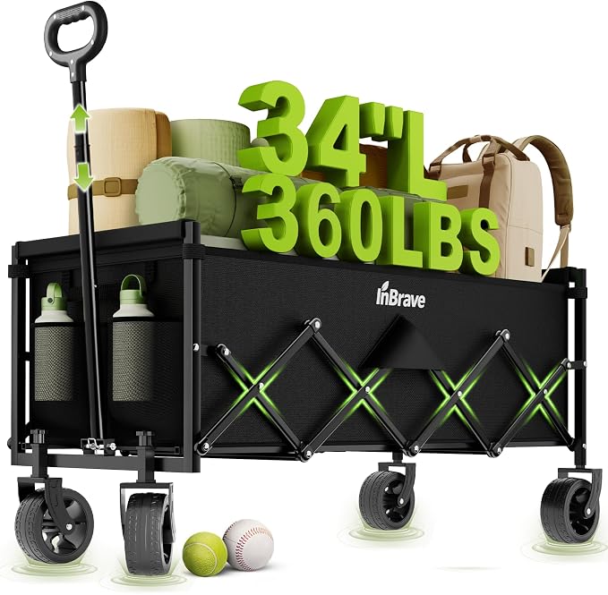 Extra Long Collapsible Wagon Cart, 360LBS Heavy Duty Utility Wagons with All-Terrain Wheels, Foldable Grocery Carts for Gardening, Shopping, Beach, Camping, Black