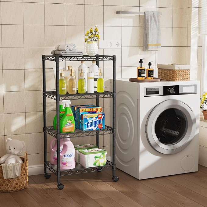 Golpart Small Shelves Storage Wire Metal Adjustable Shelf Unit with Wheels | 4 tier Shelving Organizers Storage Shelving for Bathroom Laundry Room Kitchen Pantry 11.7”D x 17.7”W x 44.8”H Black