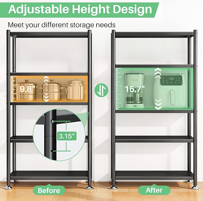 5 Tier Adjustable Storage Shelves, Heavy Duty Metal Storage Rack with Wheels, Shelving Units Utility Shelf for Kitchen, Pantry, Bathroom, Garage, Office Organization and Storage, Black, 13"x24"x59.7"