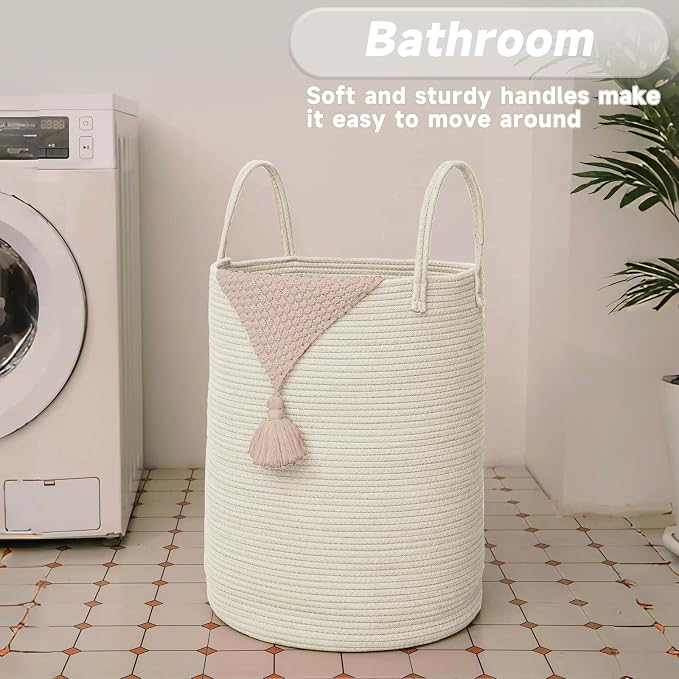 JMvicyroam Large Woven Laundry Basket Hamper,60L Cotton Rope Storage Bin for Blankets,Toys and Clothes,Decorative Tall Nursery Hamper for Living Room,Baby Nursery,Bathroom and Bedroom,White