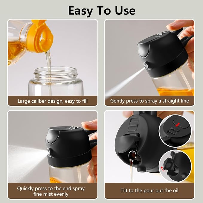 SWEET VIEW 2PCS Oil Sprayer for Cooking 16oz/470ml | Glass Oil Dispenser/Pour Bottle, Kitchen Accessories, Kitchen Gadgets for Air Fryer, Salad, BBQ, with Stickers (Black,Black)