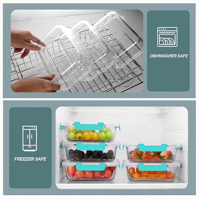 KOMUEE 30 oz 5 Pack Glass Meal Prep Containers 2 Compartments, Glass Food Storage Containers with Lids, Airtight Lunch Box, Microwave, Oven and Freezer Safe, Green