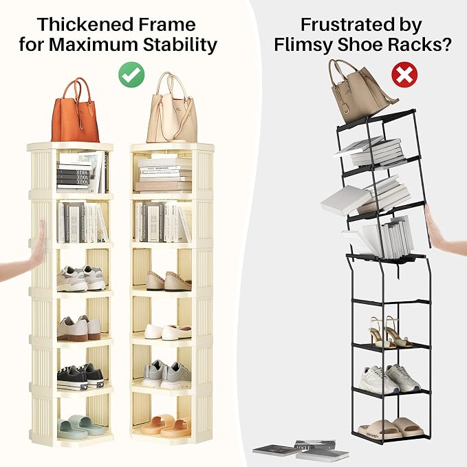 Kitstorack 10 Tiers Stackable Shoe Rack for Closet and Front Door Entrance - Free Standing Plastic Stand, Narrow Tall Vertical Organizer for Small Spaces Storage, White