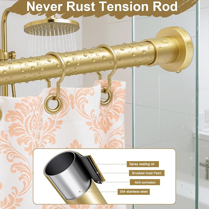 YNL Gold Shower Curtain Rod 32-64 Inch(2.7-5.33ft), Non-Slip, Never Rust, Stainless Steel No Drill Spring Tension Shower Rod, Adjustable Curtain Rod for Small Window Doorway Closet