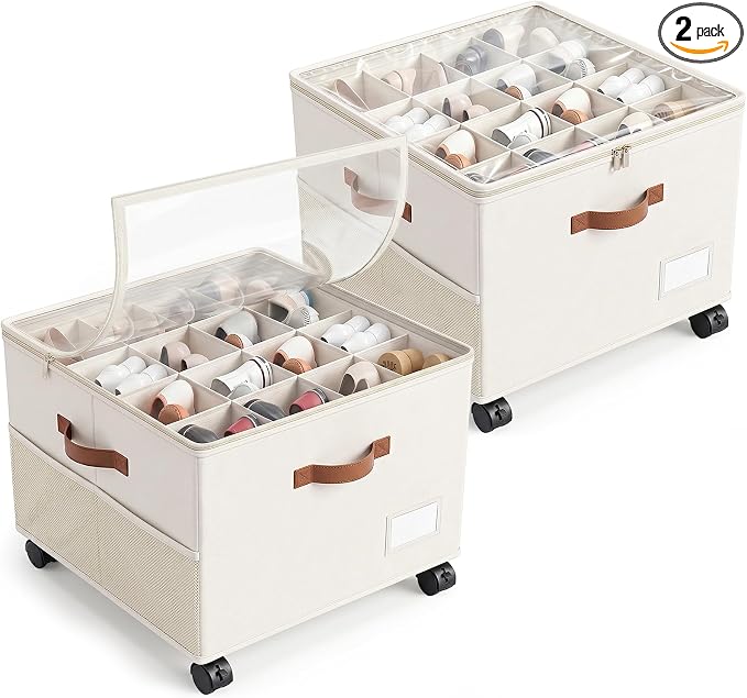 Shoe Organizer for Closet with Wheels - 2 Pack Shoe Storage Box Bin Cubes | Detachable Wheels | Fits 32 Pairs | Adjustable Dividers | Side Pockets | Clear Cover | Foldable | Stackable | Label Holder