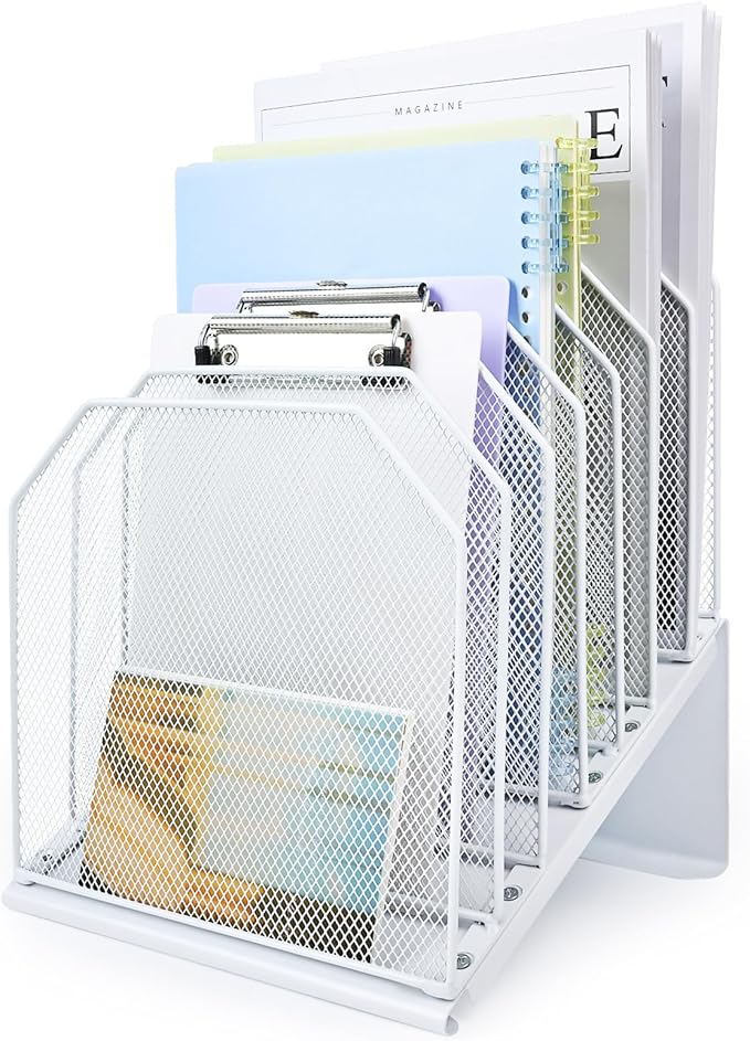 SUMMORO Inclined File Organizer for Desk, 7-Tier Vertical File Folder Holder Office Desk Organizer Metal Rack File Wire Mesh Desktop Document Sorter for Office School Classroom Home (White)