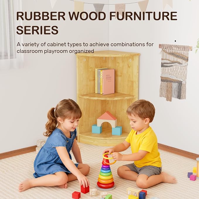 WINGYZ Rubber Wood Corner Cabinet, 2-Tier Montessori Shelf 11.8" L Bookcase | Toy Storage Organizer, 150lb Capacity, Montessori Bookshelf for Kids Rooms, Classroom, Playroom, Nursery, Daycare, Child-Safe
