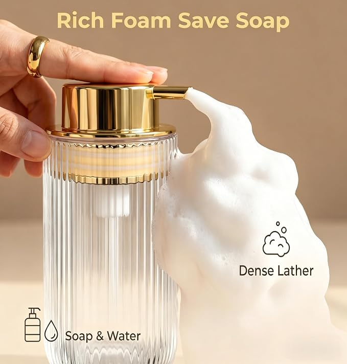 Glass Foaming Soap Dispenser Refillable Foaming Hand Soap Dispenser with Gold Large Pump Wide Opening for Bathroom Kitchen Countertop Modern Home Decor with Elegant Pattern - Clear,415ml