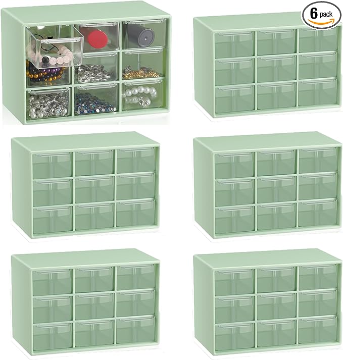 6 Pcs Small Drawer Organizer for Desk, Mini Desktop Drawer Organizer with 9 Clear Drawers, Plastic Desktop Craft Storage Box for Desk Office School Home 7.1" x 3. 8" x 4.6" (Green)