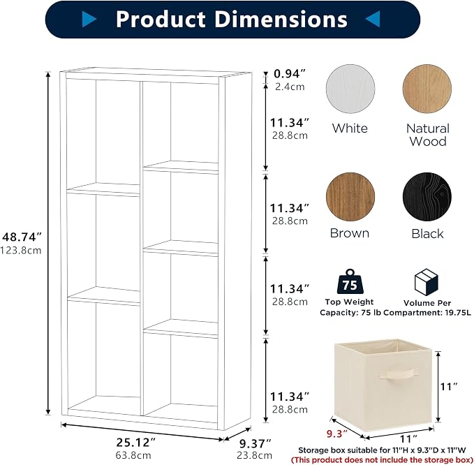 7 Cube Storage Organizer, Cube Shelf with Heavy-Duty Thick Boards, 25.12" L x 9.37" W x 48.74" H, Smooth Easy-Clean Panels, Simple Assembly, for Living Room Bedroom, Brown