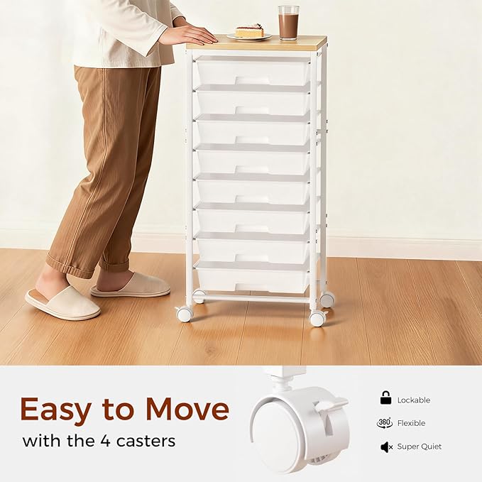 Rolling Cart with 8 Drawers, Plastic Drawer Storage Carts with Wheels & Wooden Tabletop, Metal Utility Cart Organizer for Bedroom Living Room Office Classroom Craft Organization and Storage, White