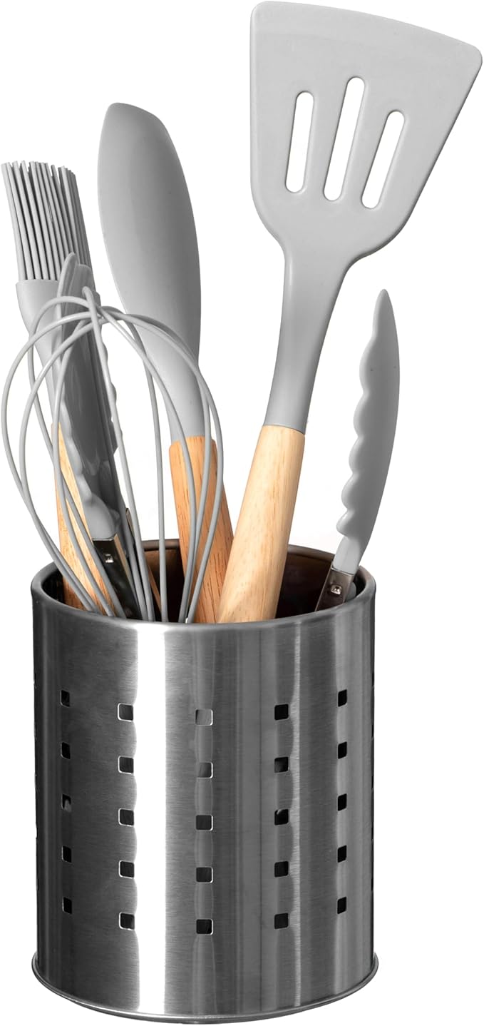 Basicwise Round Metal Utensil Holder Countertop Organizer with Drain Holes for Cooking Spoons, Spatulas, Cutlery, and Silverware Stylish Storage Solution for Kitchen Counter, Silver
