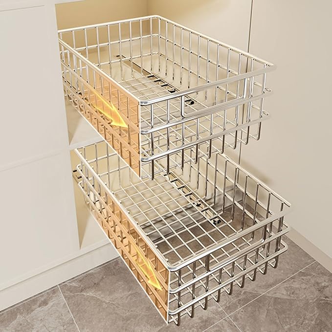 2 Pack Wire Kitchen Storage Basket Pull Out Cabinet Organizer, Perfect Pantry Organization Accessories Baskets for Kitchen, Bathroom, Bedroom