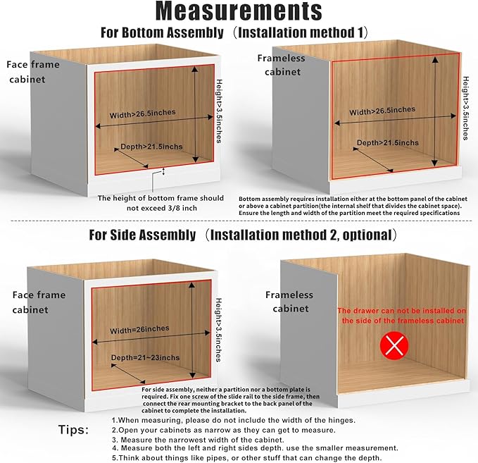 Mulush 26''W x 21''D x 3''H Pull Out Cabinet Drawer Soft Close Slide Out Wood Organizer for Kitchen, Finished, Bottom and Side Assembly (Wood Drawer Part Width is 25inch)